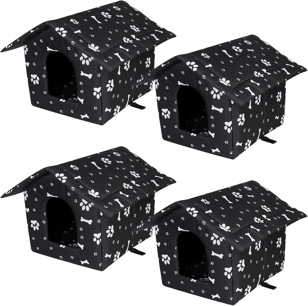 4 Pcs Outdoor Cat House Stray Cats Shelter Weatherproof Outside Cat House Indoor Foldable Warm Pet Cave with Paw Print for Feral Cat Dog Winter Wild Animal(Black, Small-Houses)