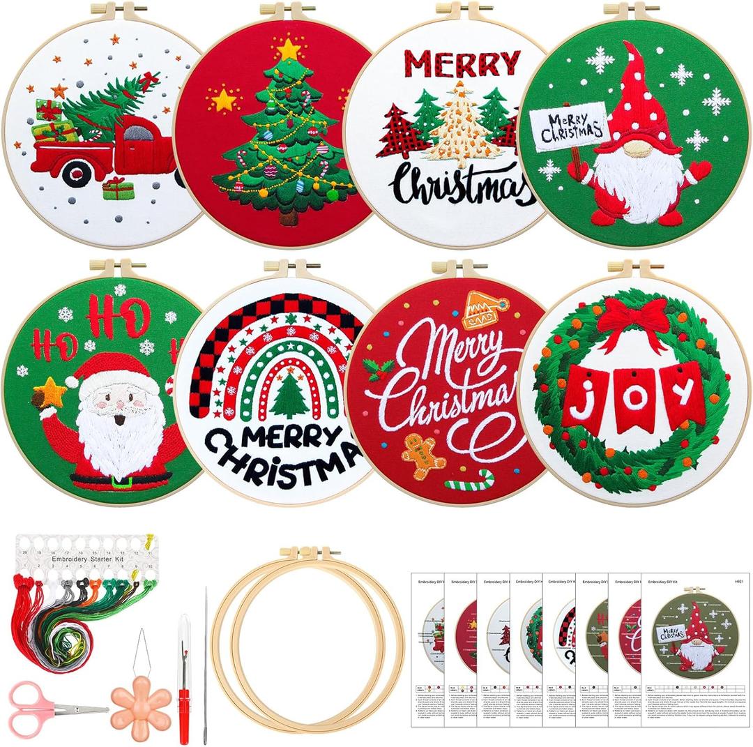 Riceshoot 8 Set Christmas Embroidery Kit for Beginner Adults Santa Gnome Wreath Xmas Tree Cross Stitch DIY Needlepoint Ornament Kit with Patterns Hoops Threads Needles Scissors for Craft
