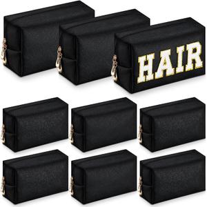 Sanwuta 9 Pcs Makeup Bags Bulk PU Double Zippers Cosmetic Bag Makeup Toiletry Small Pouch Portable Travel Organizers Case for Women Bridesmaid Proposal Gifts(Black)