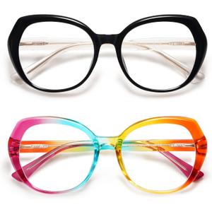 AMOMOMA Classic Round Reading Glasses for Women,Fashion Blue Light Blocking Womens Readers AM6064 (C1.black+c2.rainbow)