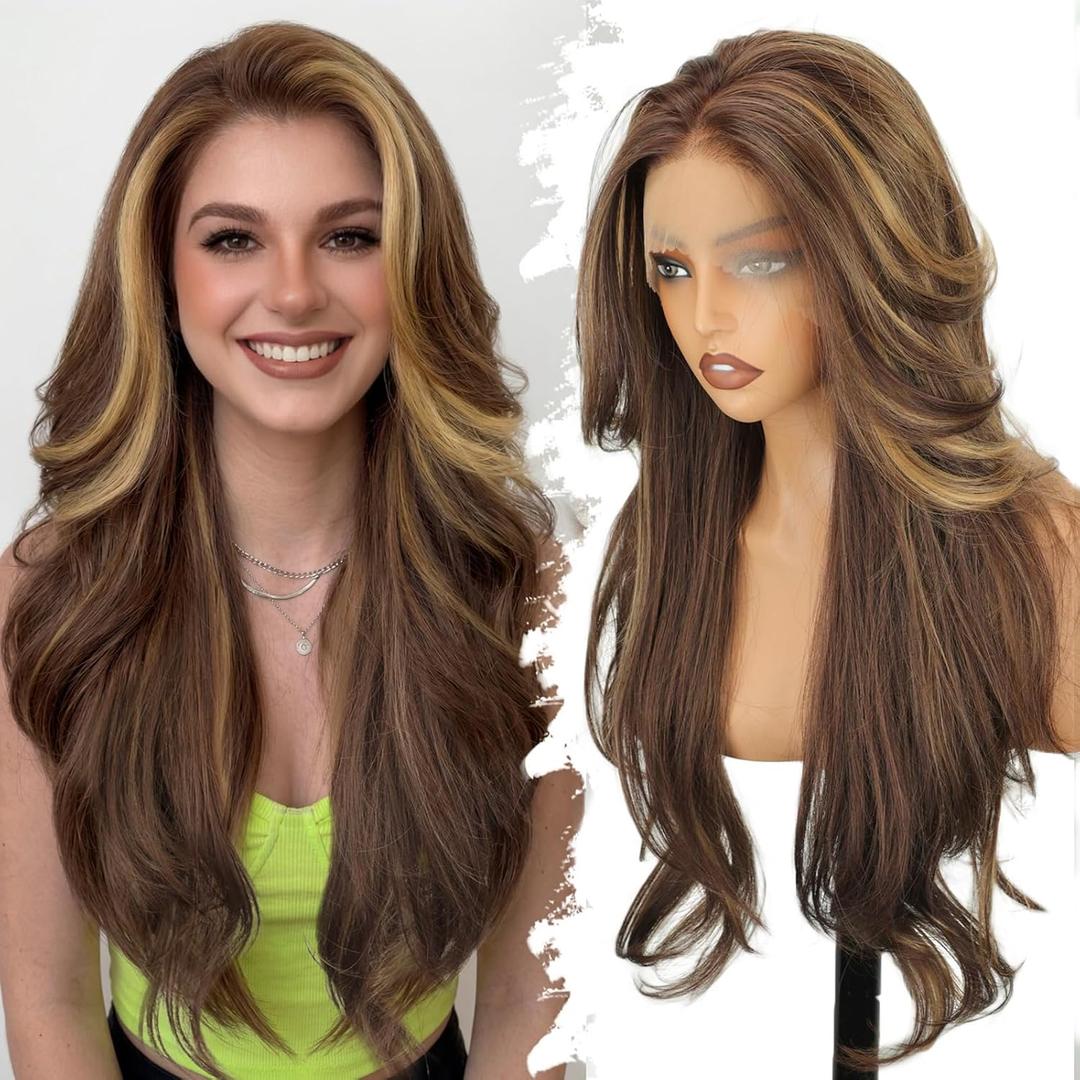 Eawwii 13x4 HD Lace Front Glueless Wigs for Women Brown Highlight Long Layered Overnight Curls Wave Wig Natural Hairline Heat Resistant Synthetic for Daily Use Beginner Friendly 26 Inch
