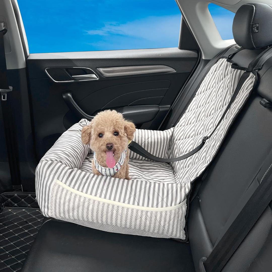 GeerDuo Dog Car Seat for Small and Medium Dogs, Booster Seat Sofa Pet Bed, Portable Car Travel Carrier Bed (Stripes, M)