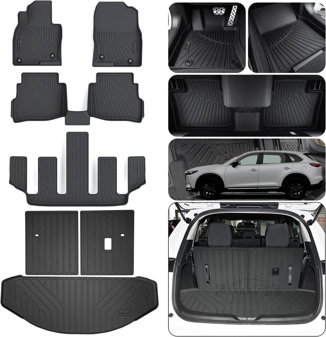 Floor Mats & Trunk Mat & Backrest Mat (Only Fit Sport Version) for 2016-2022 2023 Mazda CX-9 CX9 (6 Seats-2 Row Bucket Seat),TPE All Weather Protection Floor Liners & Cargo Liners