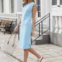 Allegra K Cap Sleeve Work Dress for Women's Summer Midi Round Neck Casual Split Hem Dresses (Blue), 
