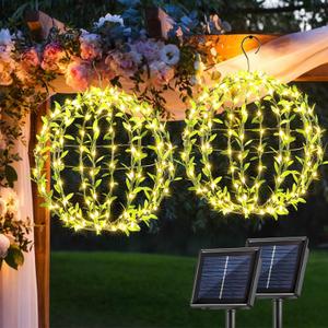 Solar Powered Hanging Iron Sphere Lights with Artificial Greenery  12Inch 120 LED Waterproof Outdoor Decor Ball Light with Timer & 8 Modes  2 Pack for Garden, Christmas, Weddings (Warm White)
