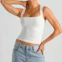 HOYAYO Women's Slim Fit Double-Layer Tank Top Square Neck Sleeveless Basic Fitted Tee Shirt (White, XS)
