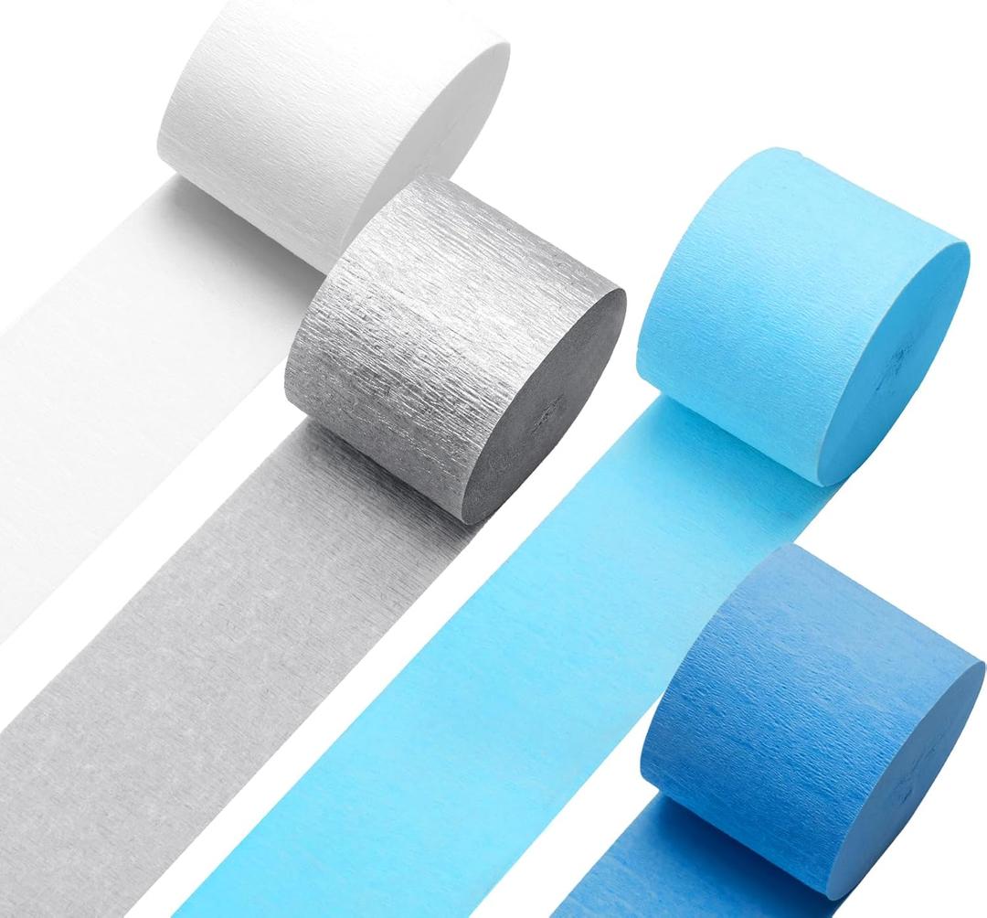 5 x Blue Crepe Paper Streamers 4 Rolls 328ft, Silver White Crepe Paper for Birthday Party Decorations, Wedding Anniversary Engagement Baby Shower Decors DIY Supply for Flower Making (1.8 in x 82 Ft/Roll)