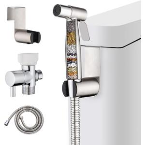 Handheld Bidet Sprayer with 2 Replacement Filters for Toilet, Muslim Shower for Feminine Wash & Cloth Diaper Washer, Stainless Steel Adjustable Water Pressure with Bidet 4ft Hose Set, Brushed Nickel