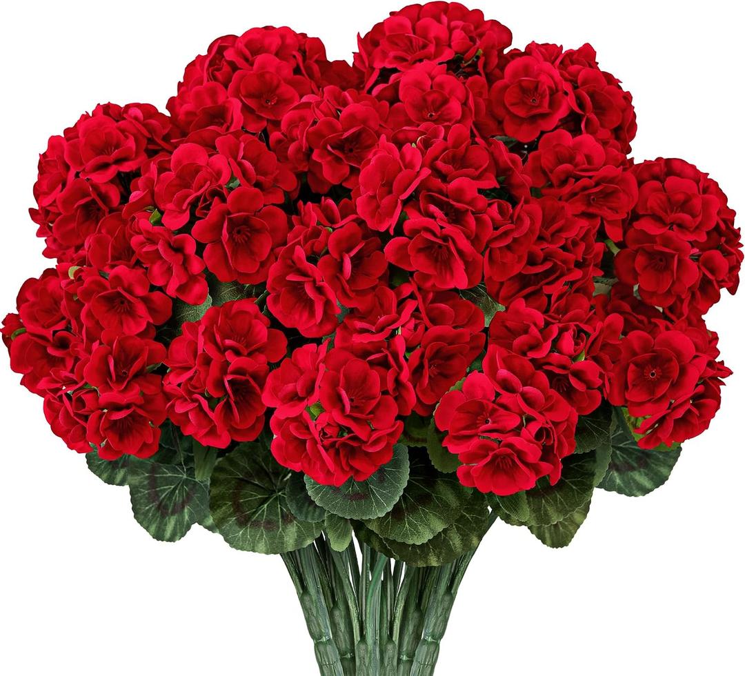 6 PCS 14" Artificial Geranium Flowers for Outdoors, Realistic Artificial Flowers UV Resistant Silk Faux Geraniums for Garden Planter Windowsills Patios Wedding Outdoor Home Decor, Red