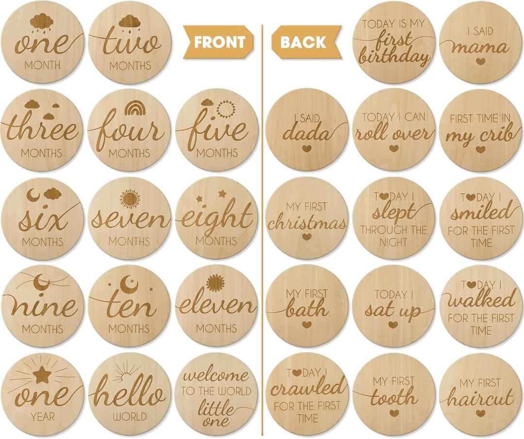 Baby Monthly Milestone Wooden Circles, Hello World Newborn Sign, Month Baby Milestone Signs for Newborn Photography Props, Set of 14 Baby Monthly Milestone Wood Discs Props for Baby Boy & Girl