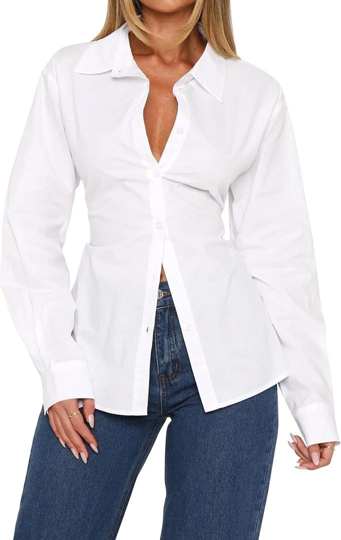 Women Long Sleeve Button Down Shirt Tie Back Cinched Waist Lapel Collar Corset Blouse Work Casual Dressy Tunic Shirt (Small, White)