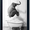 Elephant Jump in Bathtub Wall art, Funny Animal Canvas Print Picture for Bathroom Bedroom, Modern Bathroom Artwork, Black and White Wall Art Decor Black Framed Ready to Hang 16"x20"