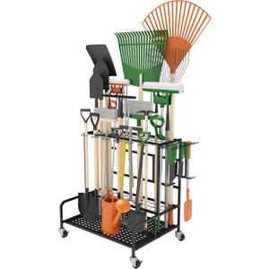 Garden Tool Organizer Rack with Wheels Up to 39 Tools, Heavy-Duty Steel Yard Tool Organizer for Garage Storage with 12 Hooks, Broom Holder & Garden Tool Rack for Shed, Patio, Outdoor Use, Black