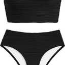 ZAFUL Women's Two Piece Lace up Bandeau Swimsuit Textured Strapless Bikini Top with High Waist Cheeky Bottom Bathing Suit Black, L US 6