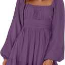Dokotoo Womens Dress Long Lantern Sleeve Square Neck Tie Backless Sexy Dress Ruffle Elastic Waist A-Line Mini Dress (Purple, M)