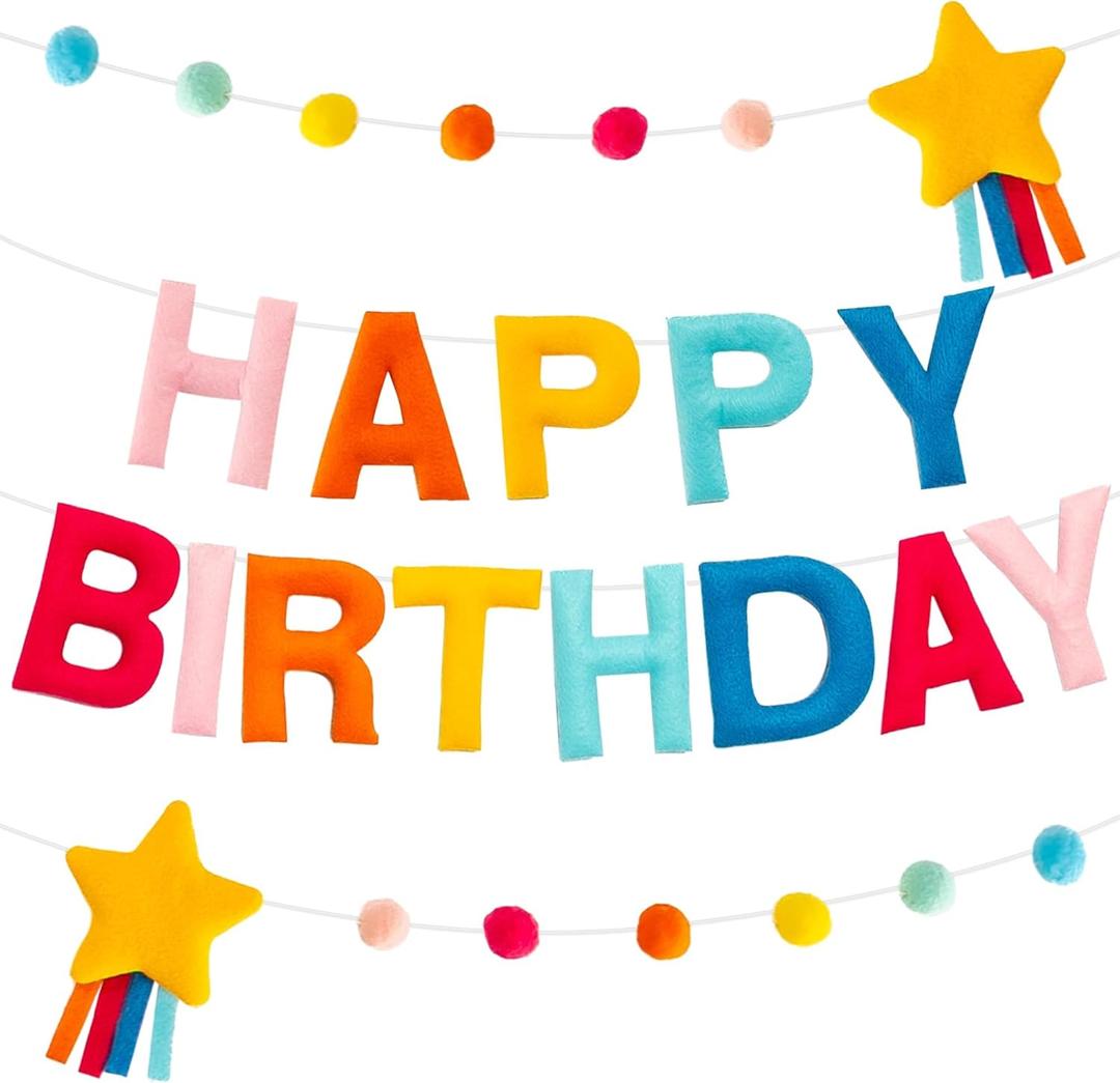 HOUSE OF PARTY Happy Birthday Banner | Felt Birthday Banner | Rainbow Happy Birthday Sign for Birthday Backdrop for Bday Party Decoration