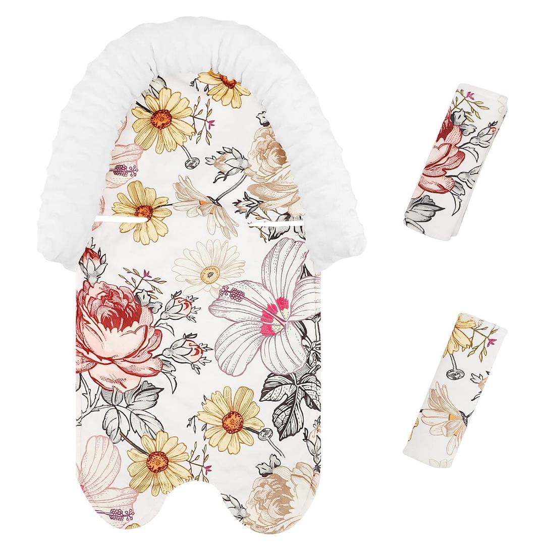 2-in-1 Baby Head Support and Strap Cover for Car Seat, Super Soft Mink Floral CarSeat Insert Cushion Headrest for Bouncers, Strollers, Swing, Daisy Floral