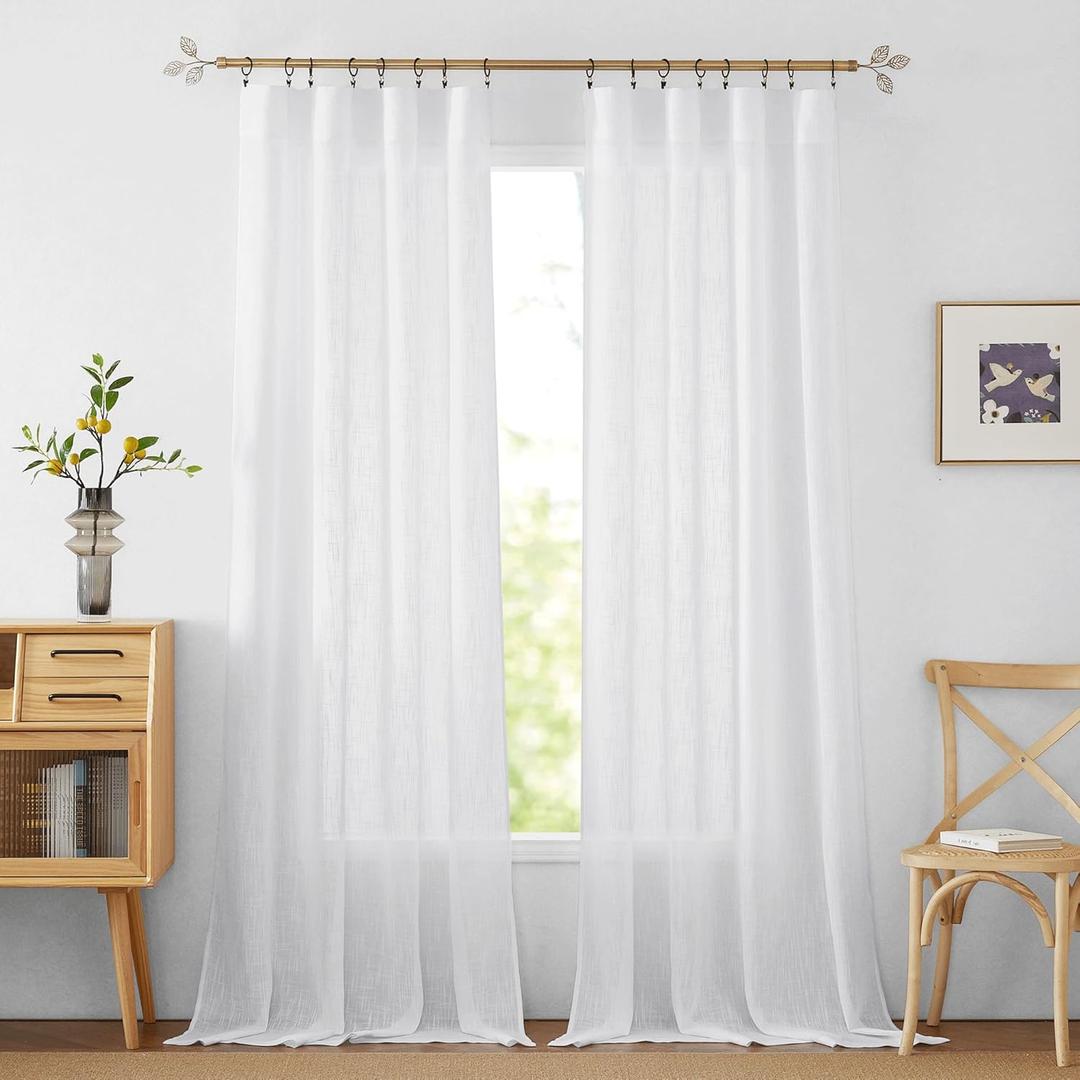 RYB HOME White Sheer Curtains for Living Room - Privacy Linen Fabric Semitransparent Farmhouse Country Curtains Light & Airy for Patio Door Bedroom Bay Window, W 52 x L 90 inch, 2 Panels