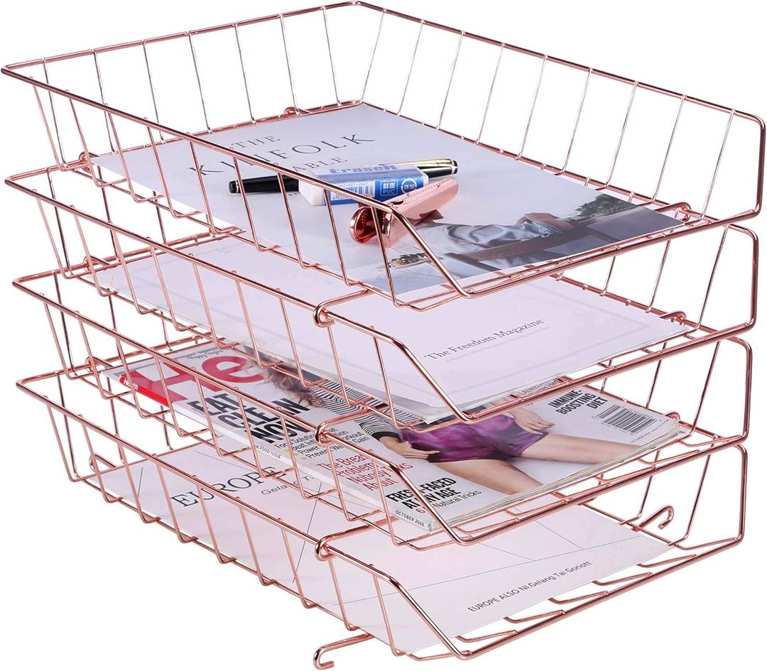Z PLINRISE Stackable Letter Tray, 4-Tier Desk File Organizer for Mails, Magazines, Documents and Accessories, Wire Paper Tray for Home, School and Office, Rose Gold