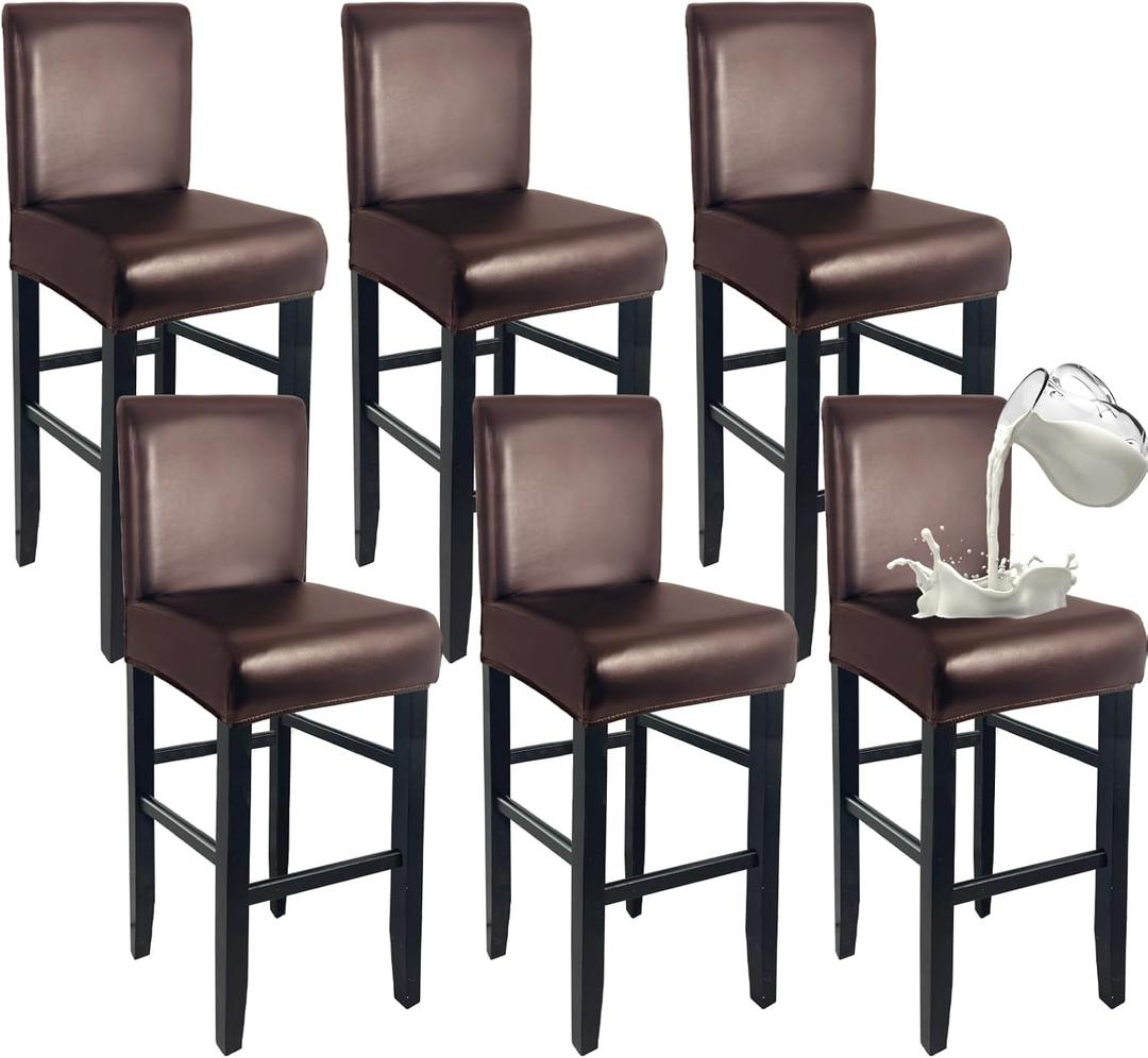 PU Leather Bar Stool Covers with Backs 100% Waterproof Bar Stools Covers Set of 6, Removable Stretch Barstool Slipcovers for Pub Cafe Dining Room (Coffee)