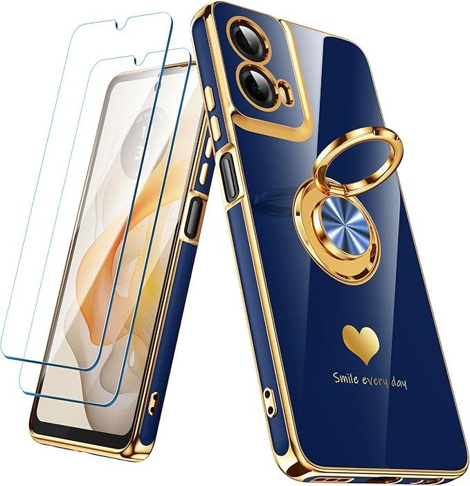 for Motorola Moto G 5G 2024 Case with 2 Pack Screen Protector, 360° Rotatable Ring Holder [Luxury Hearts Pattern] Plating Gold Edge Slim Soft Phone Cover for Moto G 5G 2024 - Blue