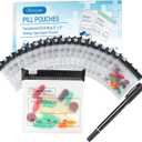 Serfeymi 32 Pcs Pill Pouch Bags for Travel Reusable Plastic Bags 3 x 3 Inches 12 mil (Double Sided) Translucent Zippered Pill Pouches for Medicine with Slide Lock & Writable Label1 Pc Marker - Black