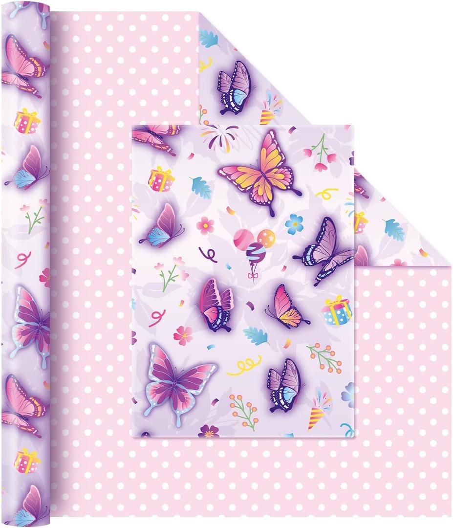 WERNNSAI Butterfly Wrapping Paper 1 Roll 17” x 33 ft Reversible Birthday Wrapping Paper Roll Butterfly Birthday Gift Wrap Paper Kids Wrapping Paper Roll Girls Purple Gift Wrap Paper Polka Dot Design