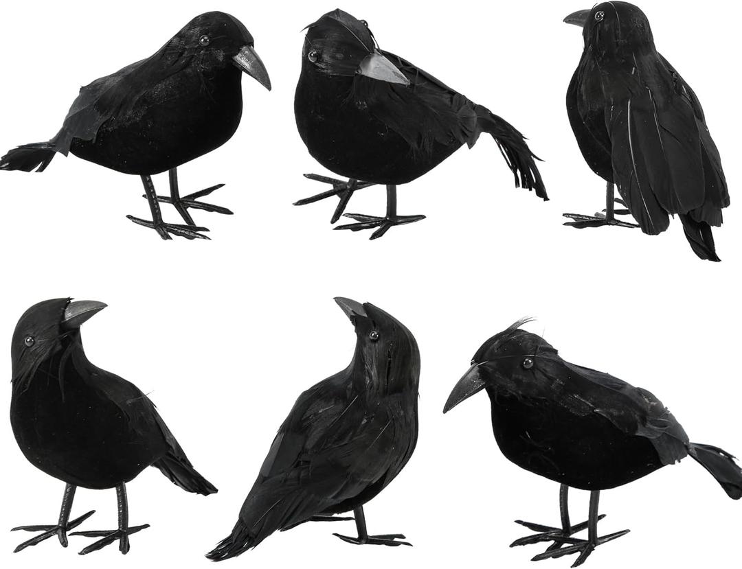 6 Pack Halloween Crow Decorations - Realistic Handmade Crow Black Feathered Crow, Halloween Crows and Ravens Decor, Scary Black Ravens Birds for Outdoors and Indoors Halloween Decor
