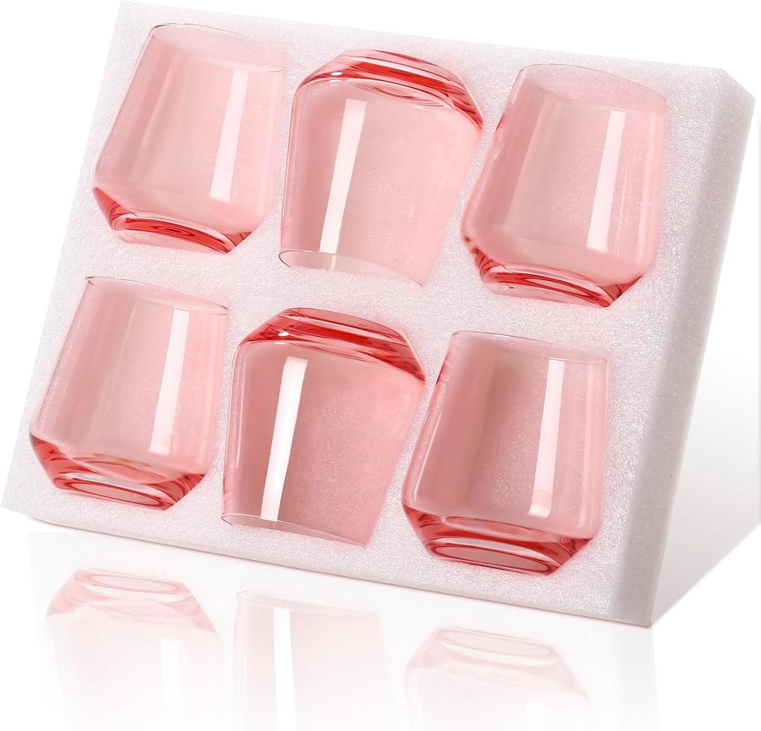 Physkoa Pink Stemless Wine Glasses Set of 6-17 oz Hand-Blown Crystal Pink Glassware with no Stem, Wedding, Birthday Gifts for Women Her Wine Lovers