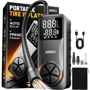 Tire Inflator Portable Air Compressor: 150PSI Rechargeable Air Pump with Digital Pressure Gauge, LED Light and Auto Shut-Off - Fast Inflation for Car, Motorcycle, Bike, and Ball - Black
