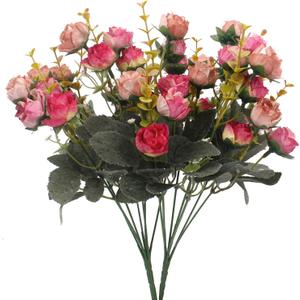 Duovlo 7 Branch 21 Mini Rose Heads Artificial Flowers Bouquet Wedding Home Office Decor,Pack of 2 (2 PCS Rose Red)