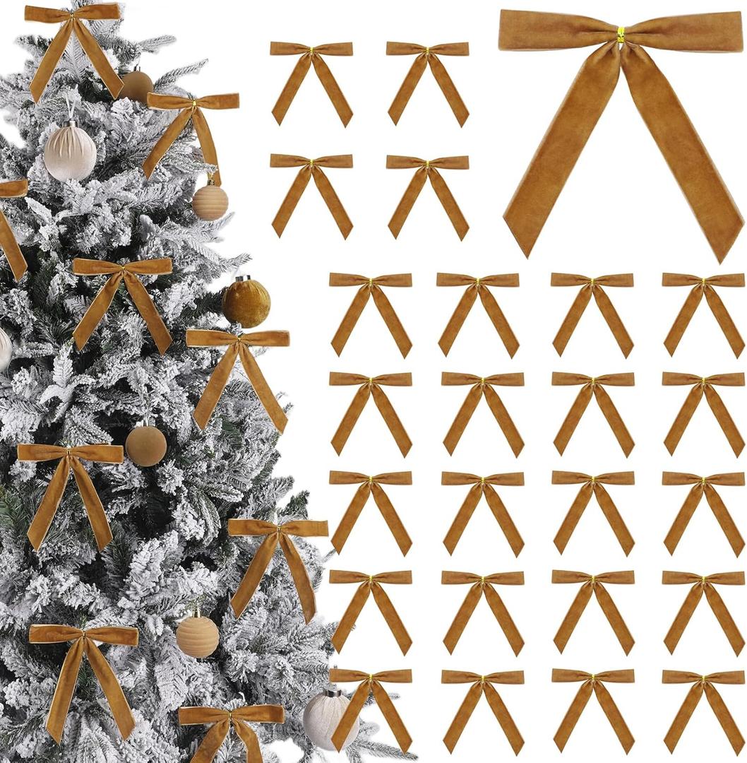 Ouddy Decor 24 Pcs Velvet Bows for Christmas Tree, Vintage Khaki Ribbon Bows Christmas Ornaments for Xmas Tree Wreath Garland DIY Craft Gift Wrapping Bags Home Decor (Khaki, 7" x 6", Width of 1")