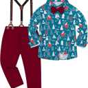 DISAUR Boys Christmas Outfit 3 Piece Dress Shirt with Bowtie and Suspender Pants Formal Wedding Ring Bearer Clothes 4-12Y (9-10 Years, Red)