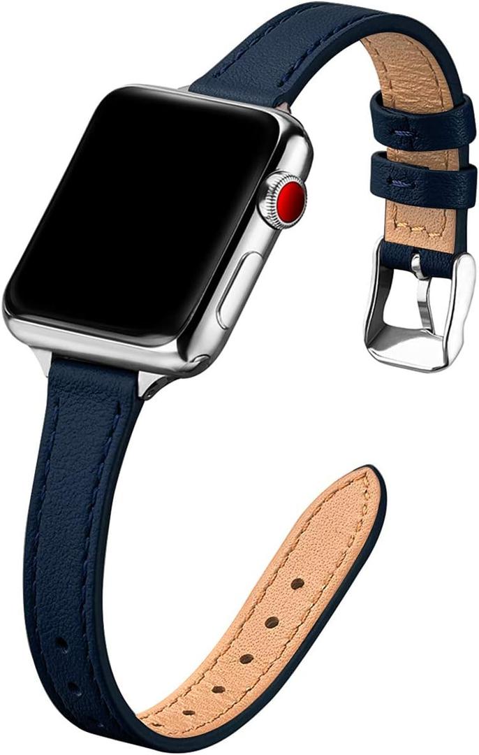 STIROLL Slim Leather Bands Compatible with Apple Watch Band 38mm 40mm 41mm 42mm(Series 11 10), Top Grain Leather Watch Thin Wristband for iWatch SE 9 8 7 6 5 4 3 2 1 , Navy with Silver 