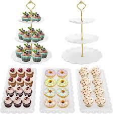 5 Pack Dessert Table Display Set, 2 Sets 3 Tier Cupcake Stand, 3 Pcs Food Serving Trays, Tiered White Plastic Cup Cake Tower for Birthday Baby Shower Wedding and Tea Party Supplies (5, Large)