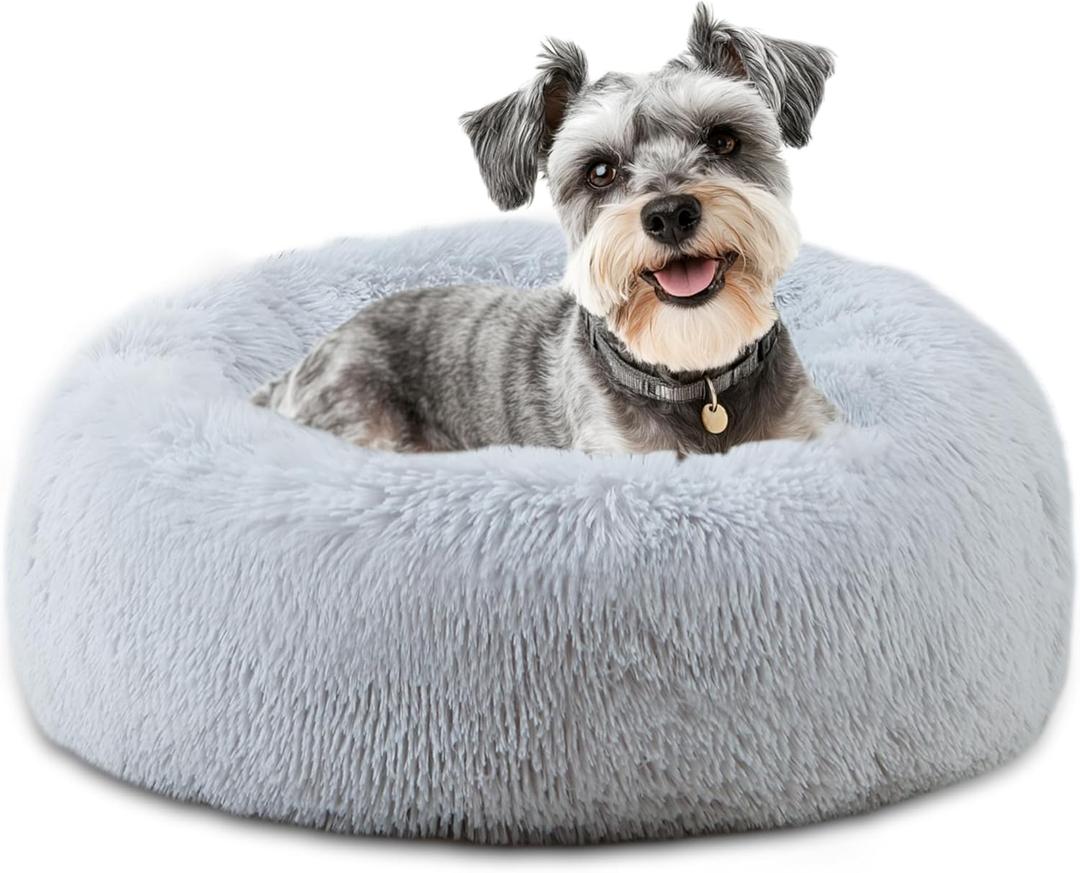 ELSKER&HOME Calming Dog & Cat Bed,Donut Washable Warming Soft Round 23 inches Dog Beds for Small Dogs,Anti-Anxiety Fluffy Plush Cushion Bed Fits up to 25 lbs Pets (Grey)