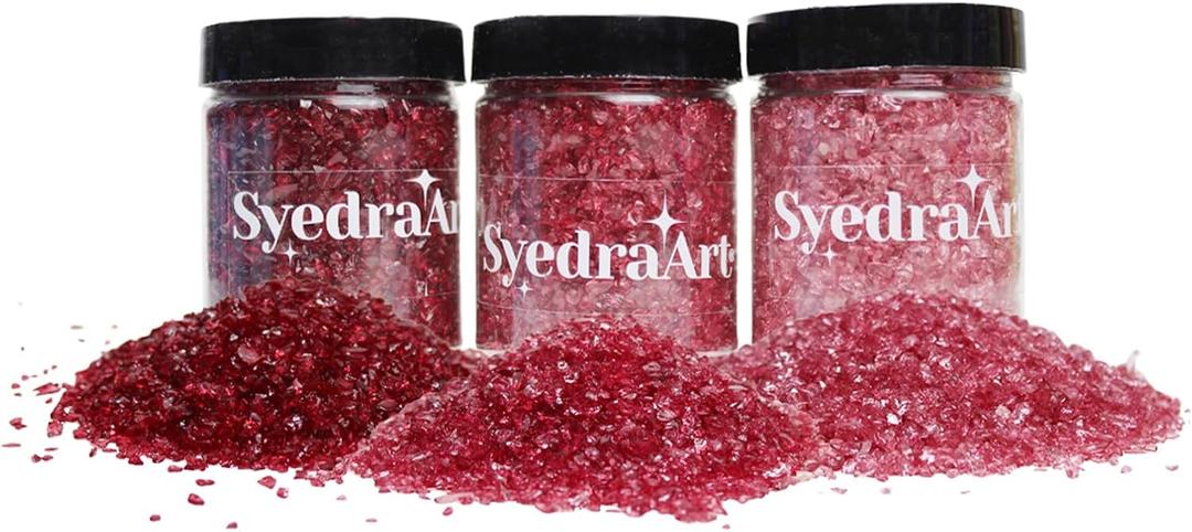 Syedra Crushed Glass for Crafts, 1-3mm Set of 3, Small Broken Glass Pieces Glitter for DIY Vase Filler Decoration 1lB (Red)