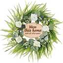 Green Eucalyptus Wreath with Flower and Welcome Sign, 20" Artificial Spring Summer Decorations for Front Door Wall Window Farmhouse Porch Patio Garden Decor