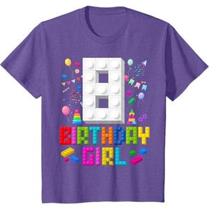 8th Birthday Girl Master Builder 8 Years Old Building Block T-Shirt 2pcs (Small, Purple Heather)