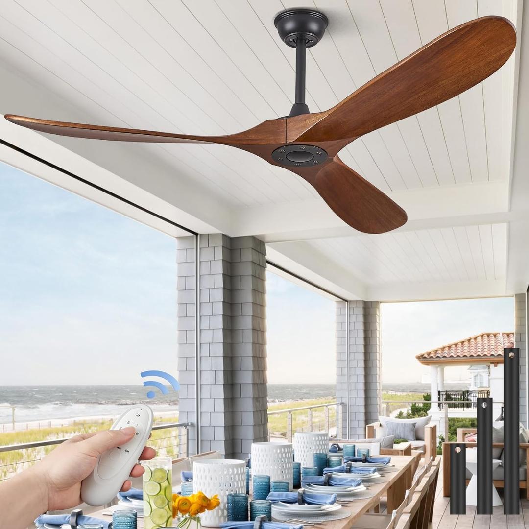 ABZ 60" Ceiling Fans without Lights, 60" Outdoor Ceiling Fans no Light, 3 Blade Solid Wood Ceiling Fan with Remote Control for Patios Living Room Bedroom Porch (60", Walnut Wood)