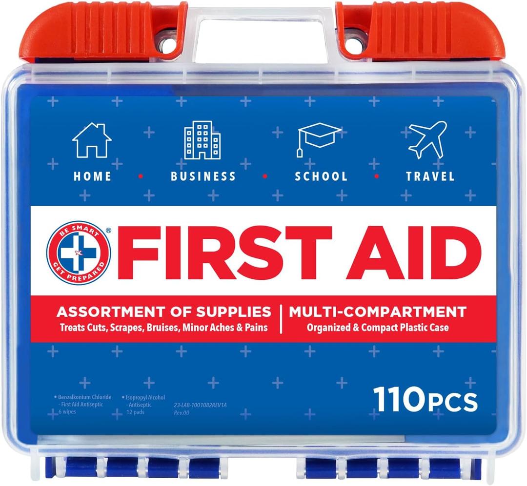 Be Smart Get Prepared 110 pc First Aid Kit: Clean, Treat, Protect Minor Cuts, Home, Office, Car, School, Business, Travel, Emergency, Outdoor, Camping & Sports, FSA/HSA