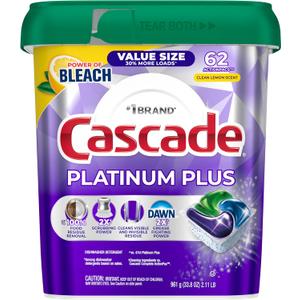 Cascade Platinum Plus Dishwasher Pods, Dish Detergent Soap, Clean Lemon Scent, 62 Count