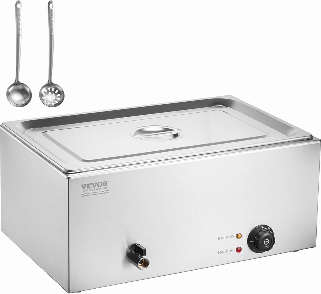 VEVOR Commercial Food Warmer, 1 Pan Electric Steam Table, 1200W Professional Countertop Stainless Steel Buffet Bain Marie with 86-185°F Temp Control for Catering and Restaurants, Silver