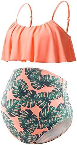 DEBELLY Maternity Bikini Set Two Piece Swimsuit Ruffle Women Bathing Suits High Waist Vintage Pregnancy Swimwear, XL