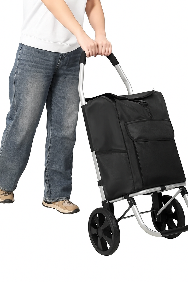 Shopping Trolley with Wheels, 40L Large Capacity Rolling Shopping Bag with Detachable Frame, Multi-Pocket Grocery Cart, 2-in-1 Folding Utility Cart, for Groceries Travel Laundry (Black)