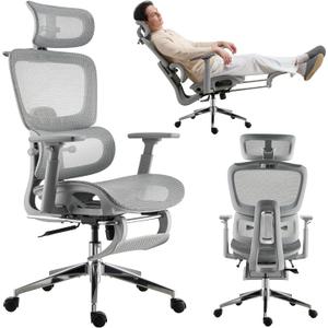 Mesh Ergonomic Office Chair with Footrest, High Back Mesh Gaming Chair with Lumbar Support, Adjustable Headrest and Armrests for Home Office Desk Chair (Modern, Grey), 26 inches x 23 inches x 40 inches