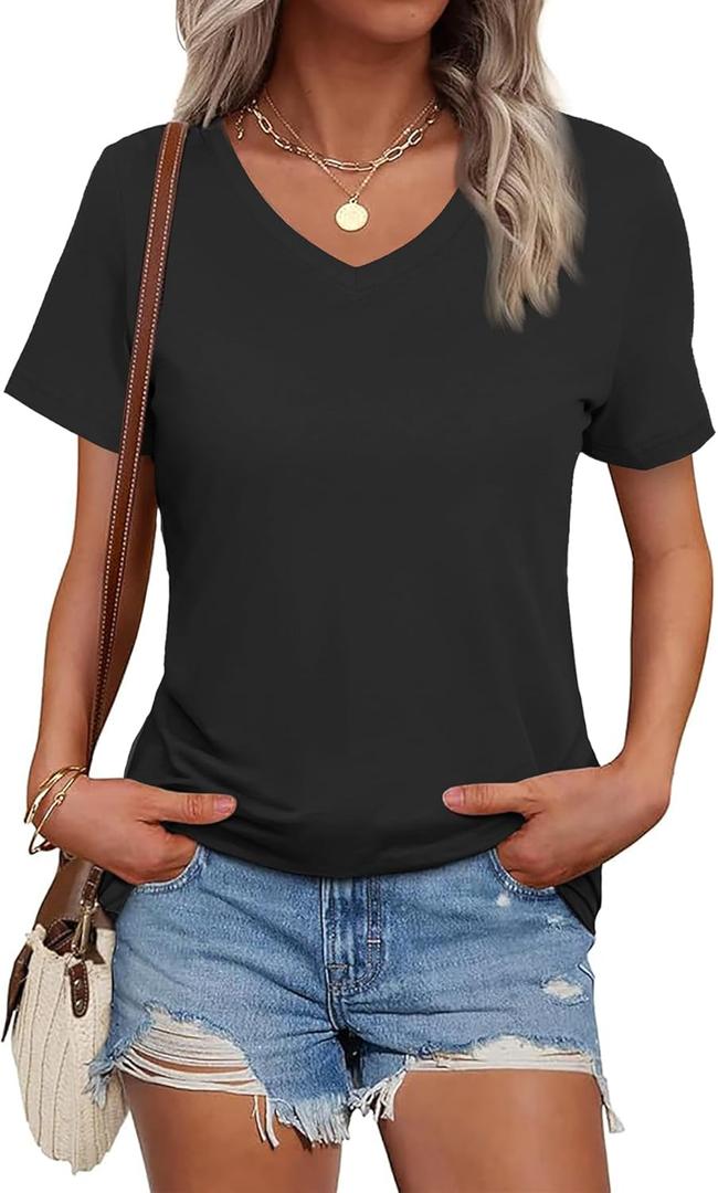 SMENG Women's Cotton V Neck T-Shirt Short Sleeve Solid Color Tee Casual Fit Tee Breathable Summer Fashion Tops (Medium, Black)