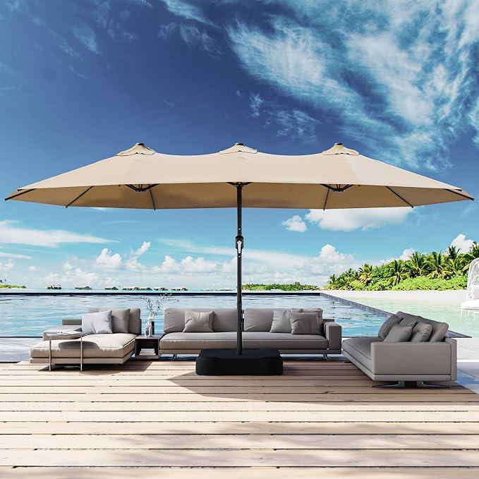 15FT Large Patio Umbrella with Base, Rectangular Double-Sided Crank Handle