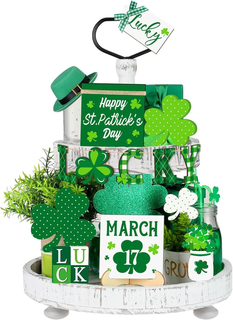Menkxi 15 Pcs St. Patrick's Day Tiered Tray Decor Set St Patricks Day Table Decoration Wooden Table Sign Easter Tiered Tray Farmhouse Tabletop Decorations for Home Kitchen