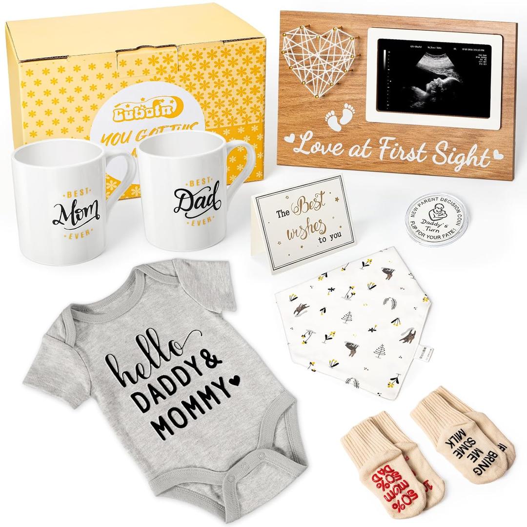 Pregnancy Gifts for First Time Moms - New Parents Gift Set Pregnancy Announcement Baby Shower Basket Mom & Dad Mugs, Baby Ultrasound Frame, Decision Coin, Onesie, Bib and Socks